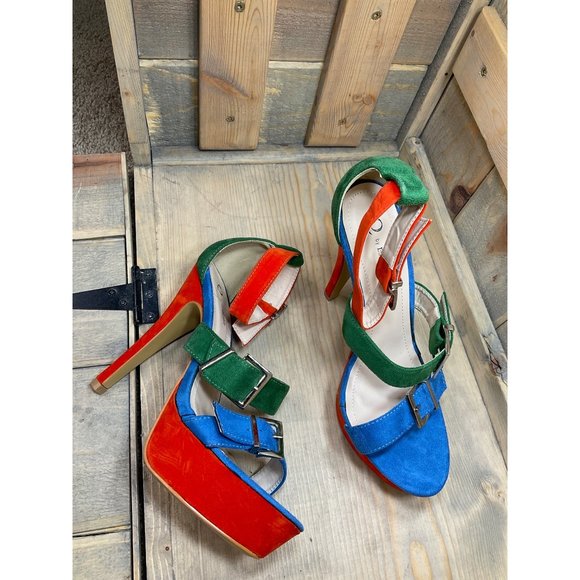 9M New Q by Esquire Bright Party Heels Orange Green Blue - Picture 3 of 8